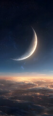 Crescent Moon Over a City at Dawn