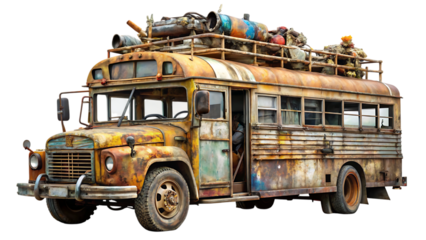 Heavily Rusted and Modified School Bus Loaded with Supplies on Black Background vintage retro isolated on a transparent background