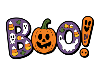 Halloween word art Boo with pumpkin ghost and candy corn on white isolated on a transparent background