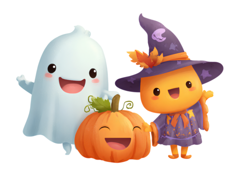 Halloween Trio Ghost Pumpkin and Witch Character characters isolated on a transparent background