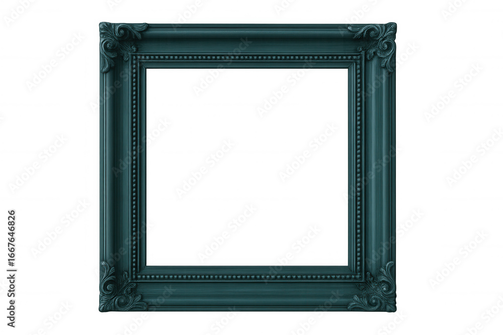 Poster classic dark teal picture frame with ornate corners isolated on a transparent background, creating a