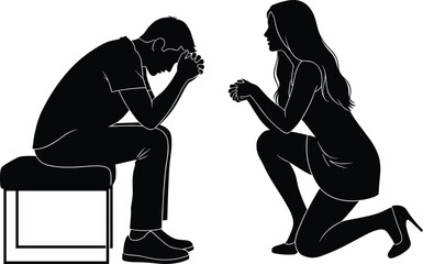 Silhouetted figures showing emotional support, one seated with hands clasped, one kneeling, empathy and comfort moment, black white scene