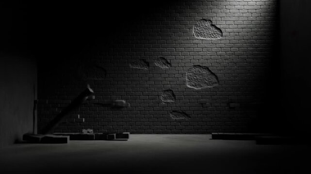 A dimly lit, shadowy interior reveals a textured brick wall with exposed plaster, partially illuminated by a single overhead light