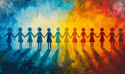 Vibrant and abstract illustration of diverse people emphasizing unity and inclusivity The image portrays individuals of various ethnicities and backgrounds symbolizing the power, Generative AI