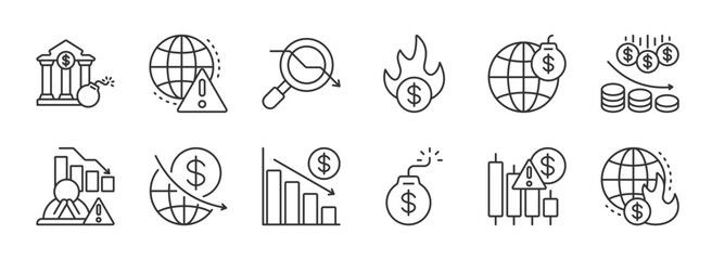 Economic Instability line editable icon set. bankruptcy, debt, financial , downturn, crisis, decrease, and more. Editable stroke. Vector illustration eps 10