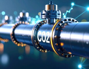 Metallic pipeline conveying CO2, digitally rendered with network backdrop