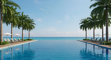 Fototapeta premium Modern infinity pool overlooking pristine tropical ocean and mountains