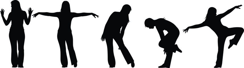 Silhouettes of dancing people, expressive motion, creative body poses, black illustration, white background, artistic movement, dynamic figure, isolated action