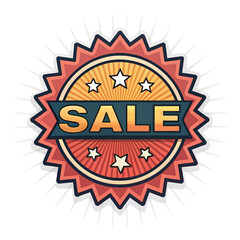 Bold red and orange starburst sale badge with stars isolated on transparent background