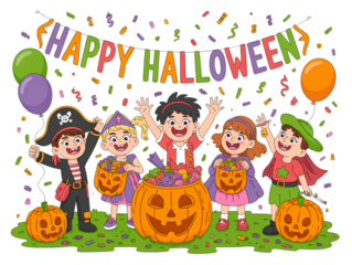 Happy Halloween Celebration With Costumed Children isolated on a transparent background