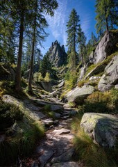 Obraz premium Mountain path through rocky terrain. Lush forest canopy above