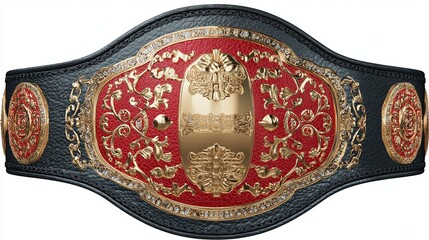 Ornate belt with red inlay, gold details, and black band, suggesting achievement