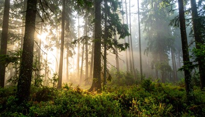 Obraz premium Foggy forest sunrise light