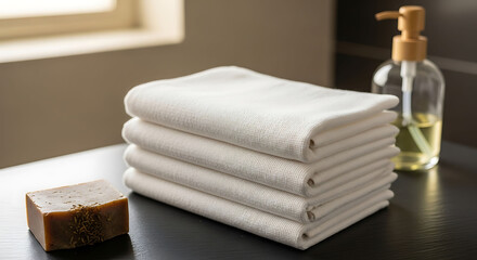 Serene stack of soft towels and natural soap promoting a minimalist lifestyle aesthetic blog header