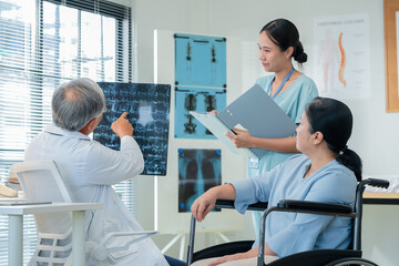 Doctor and nurse explain Xray results to senior patient through patient centered care approach....