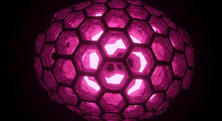 Glowing pink honeycomb sphere against a dark background, showcasing intricate cellular structure.