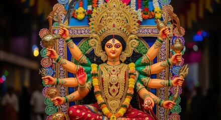 Obraz premium Durga Puja Festival Celebrations Showcasing the Divine Goddess Durga Idol in Vivid Colors and Ornate Gold Jewelry