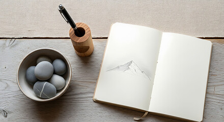 Minimalist lifestyle flat lay open notebook pen holder and smooth stones on textured surface blog header