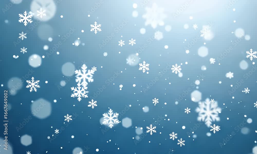 Poster animated snowflakes falling against a blue background with bokeh effect creating winter atmosphere