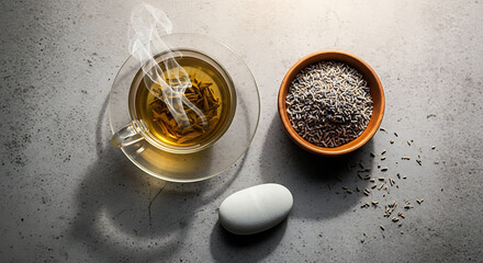 Minimalist lifestyle flat lay featuring tea egg and seeds for wellness and healthy living blog header 