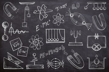 Physic element set on black background. Sketch of magnet, magnetic field, molecule, tuning fork, electrical circuit, pulley, and newton cradle on chalk board. Hand drawn of physics lesson