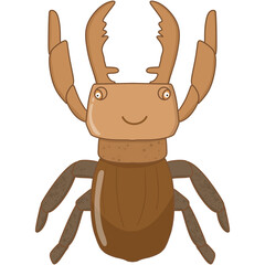 Cute cartoon illustration of a brown beetle with large antlers, smiling face, and simple flat design. Perfect for children’s books, stickers, educational materials, and nature-themed clipart.
