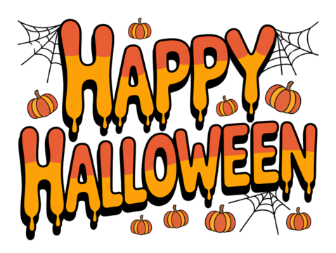 Happy Halloween text with dripping paint and pumpkins isolated on a transparent background