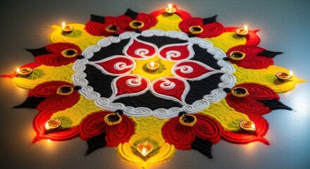 Vibrant Diwali Rangoli with Oil Lamps Illuminating Festive Colors and Intricate Design Celebrating Hindu Traditions and Cultural Richness