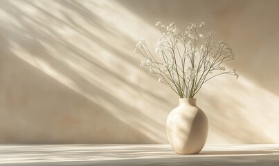 Drawing of a vase with flowers and light reflections set against an empty wall background The soothing palette of beige natural tones and neutral colors creates a calm and minimalist, Generative AI