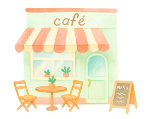 Obraz premium Cute cozy café exterior watercolor illustration PNG transparent background isolated