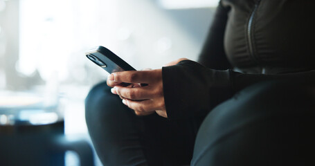 Texting, hands and athlete with smartphone, gym and browsing on social media, app and...