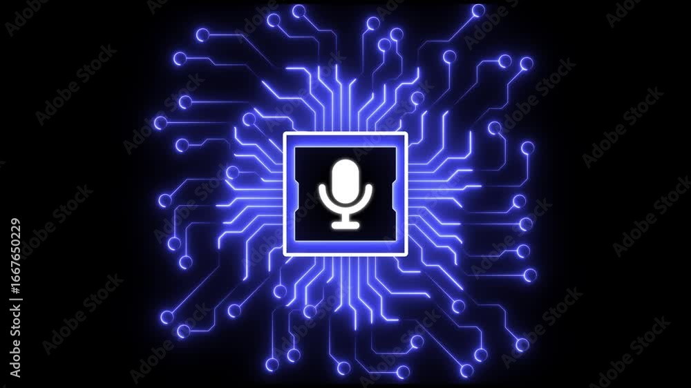 Poster microphone on a circuit board with neon lights, symbolizing technology and music creation. futuristi