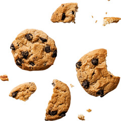 Delicious Chocolate Chip Cookies Falling Against a transparent Background.