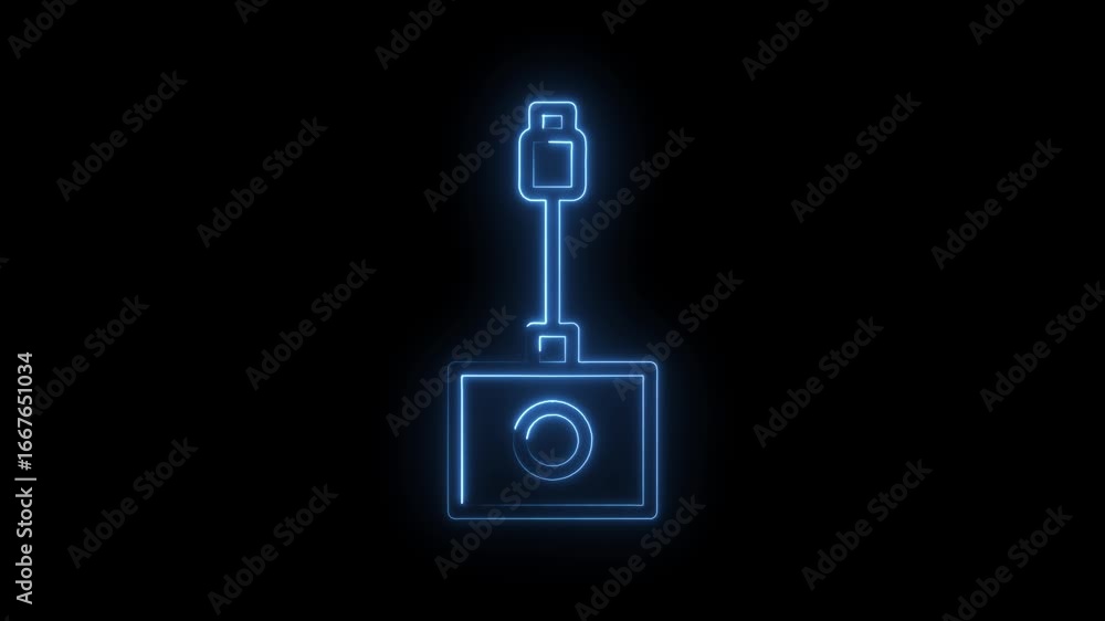 Poster glowing blue neon icon representing a u s b adapter or connector with a circular element
