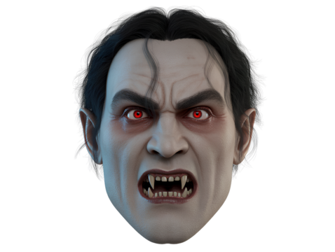 Menacing Vampire Face with Red Eyes and Sharp Fangs isolated on a transparent background
