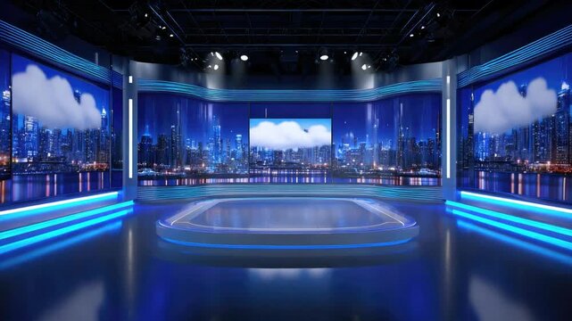 Modern Virtual TV Studio Set with Cityscape Background and Dynamic Blue Lighting