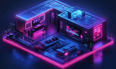 Isometric view of a smart home concept with futuristic design elements Dark tones and neon highlights create a luxurious high-tech atmosphere showcasing the integration of modern, Generative AI