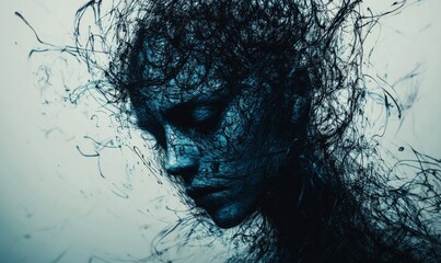Abstract representation of depression featuring a figure with an empty face symbolizing the loss of identity and the overwhelming emptiness often felt by individuals suffering, Generative AI