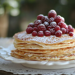 Pancakes russian Blini with Raspberries and Powdered Sugar
