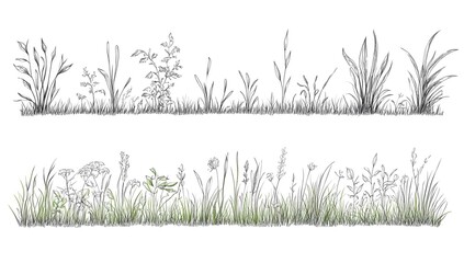 Minimal grass and meadow border set, clean hand-drawn line design on white surface.