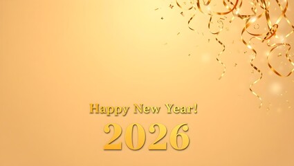 Fototapeta premium Luxury champagne beige gradient with golden olive cascading ribbons and Happy New Year 2026 celebration