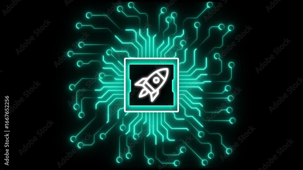 Poster futuristic rocket is launching from a circular opening in a complex circuit board. digital rocket la