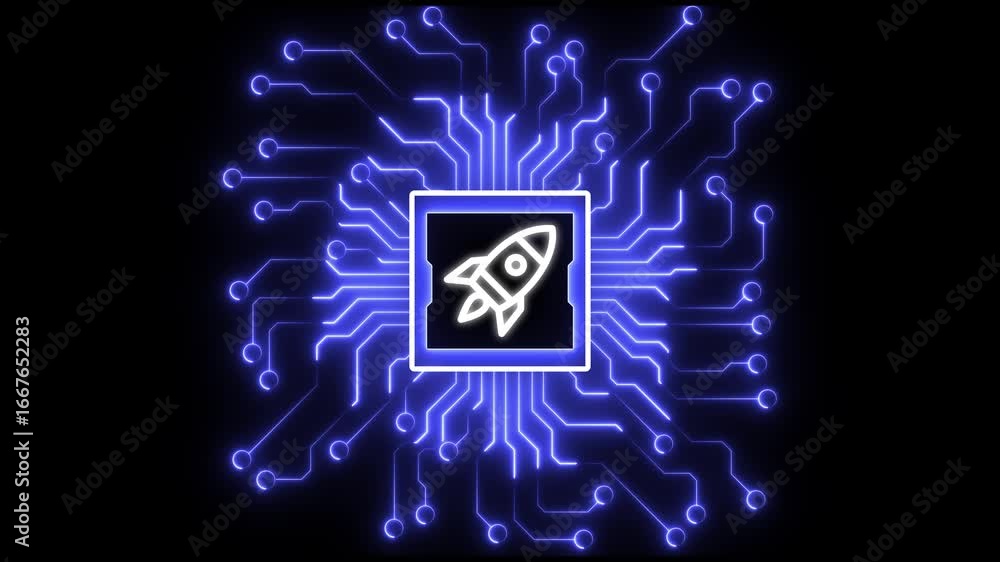 Aufkleber futuristic rocket is launching from a circular opening in a complex circuit board. digital rocket la