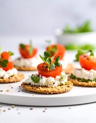 Appetizing crackers topped with creamy cheese, tomato slices, and fresh sprouts on a white plate