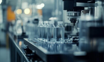 Automated production line in a modern bottling factory, showcasing the efficiency of automated systems in manufacturing. This image highlights the high-tech process producing clear, Generative AI