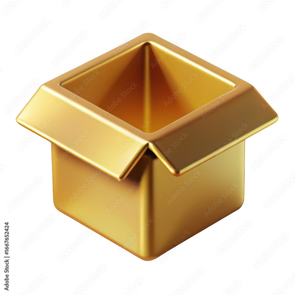 Poster 3d golden square box with open top isolated on transparent background