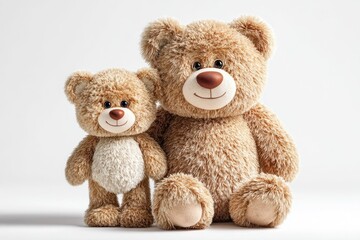 Obraz premium Two teddy bears, one large and one small, sit facing forward on a plain white background