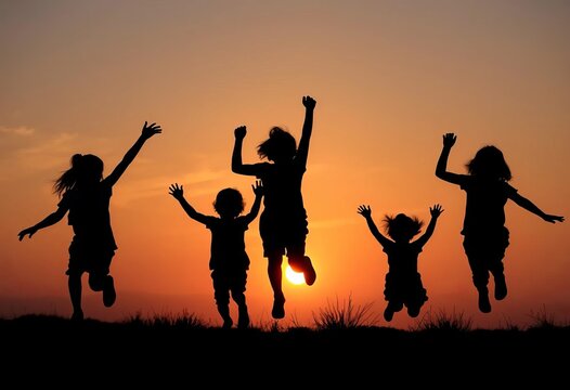 Silhouettes of playful children at sunset, jumping and running, shadow, playing