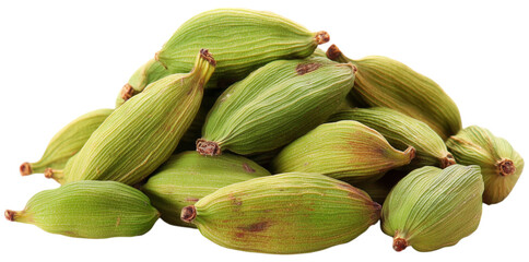close-up view of fresh green cardamom pods isolated on transparent background. PNG, cutout, vibrant color and texture, commonly used as spice in culinary recipes and aromatic applications.
