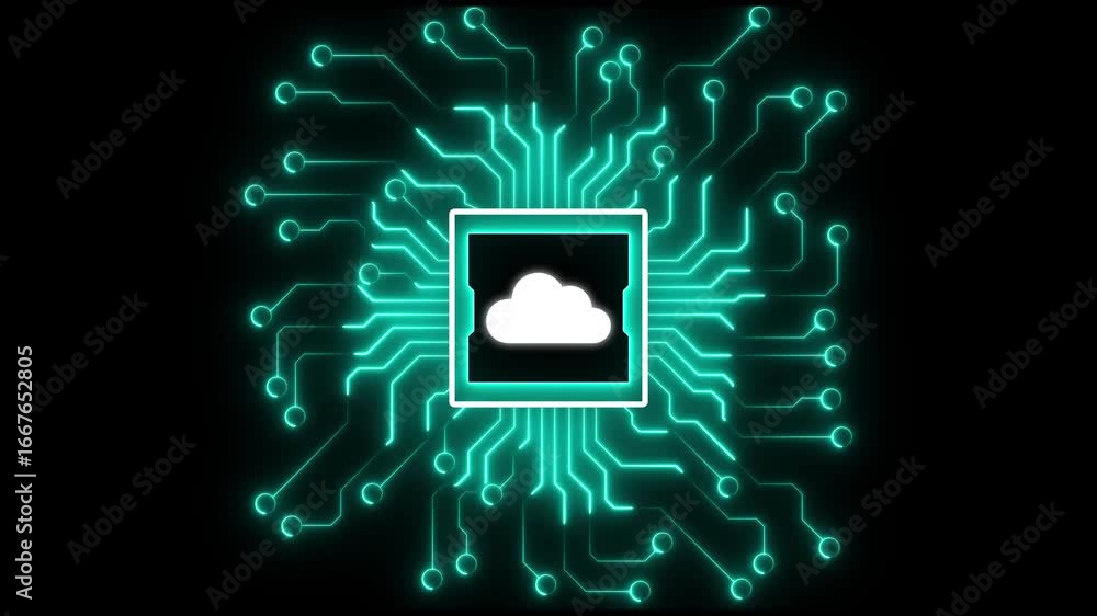 Aufkleber cloud icon with circuit board interior. illuminated cloud graphic over circuit board. digital cloud 